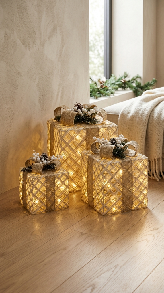 [277122] Set x 3 Cajas de Regalo LED (15/20/25 cm) – Natural