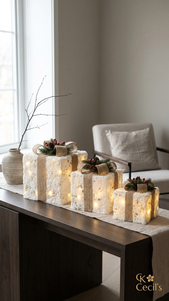 [277123] Set x 3 Cajas de Regalo LED (15/20/25 cm) – Blanco / Dorado