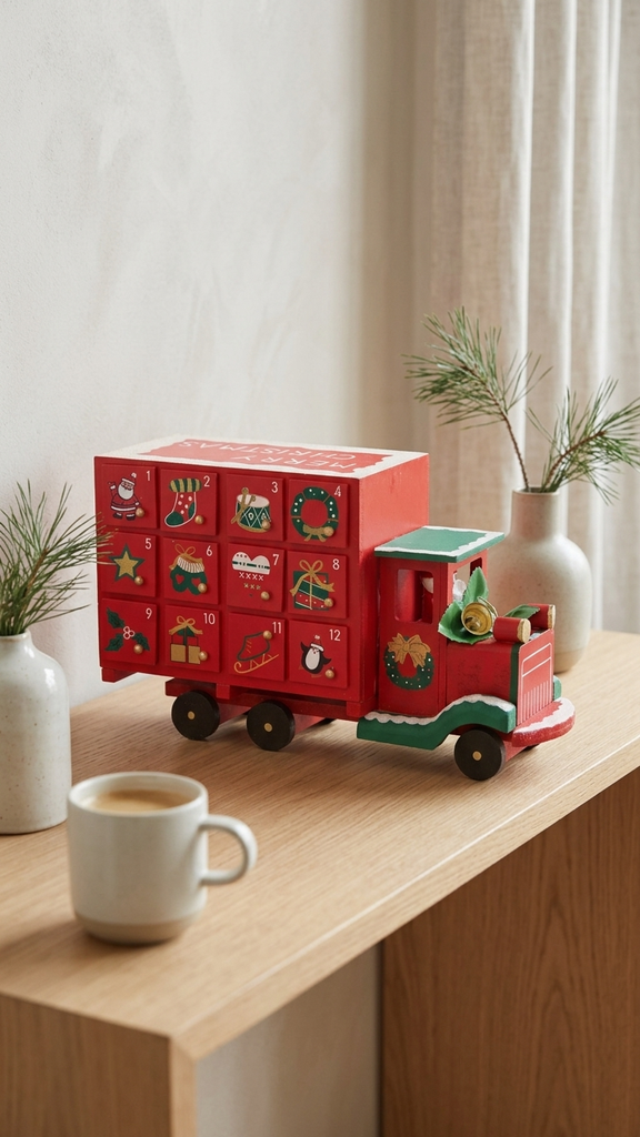 [277148] Camión Calendario de Adviento en Madera 28.5 cm – Rojo