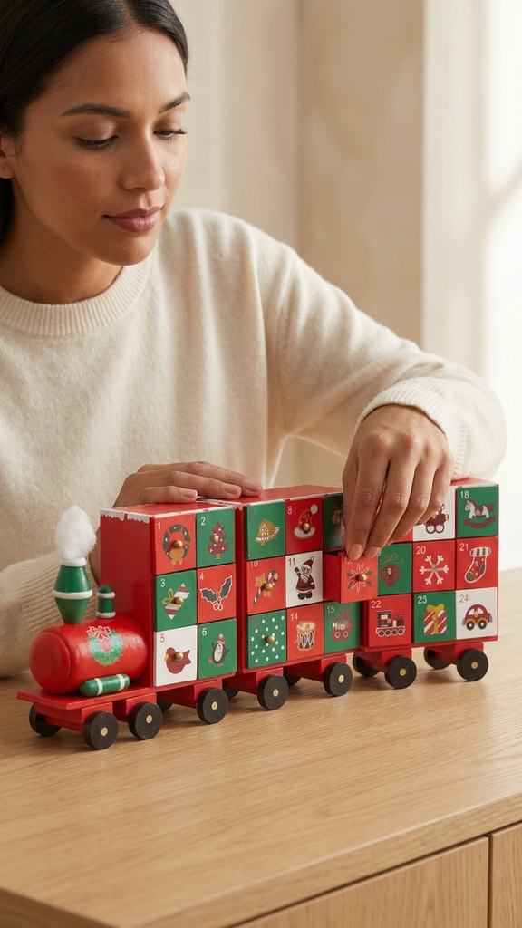 [277236] Tren Calendario de Adviento en Madera 47 cm – Rojo