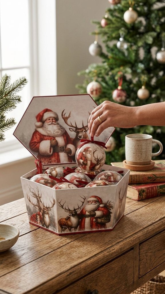 [277283] Caja x 14 Esferas Decoradas 7.5 cm (Motivo Papá Noel y Reno) – Brillante y Esmerilado