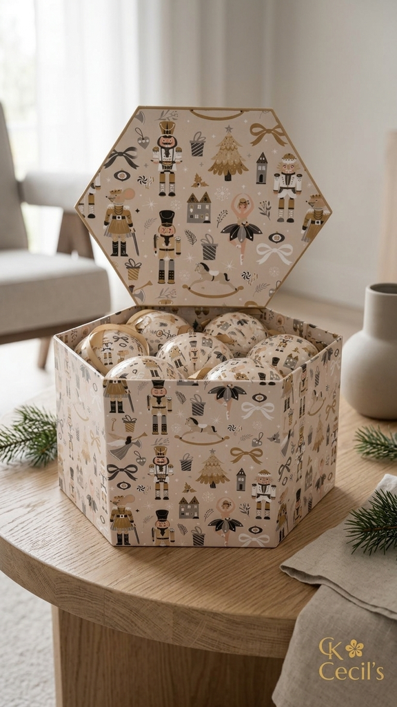 [277286] Caja x 14 Esferas Decoradas 7.5 cm (Motivo Soldadito Cascanueces) – Brillante y Esmerilado