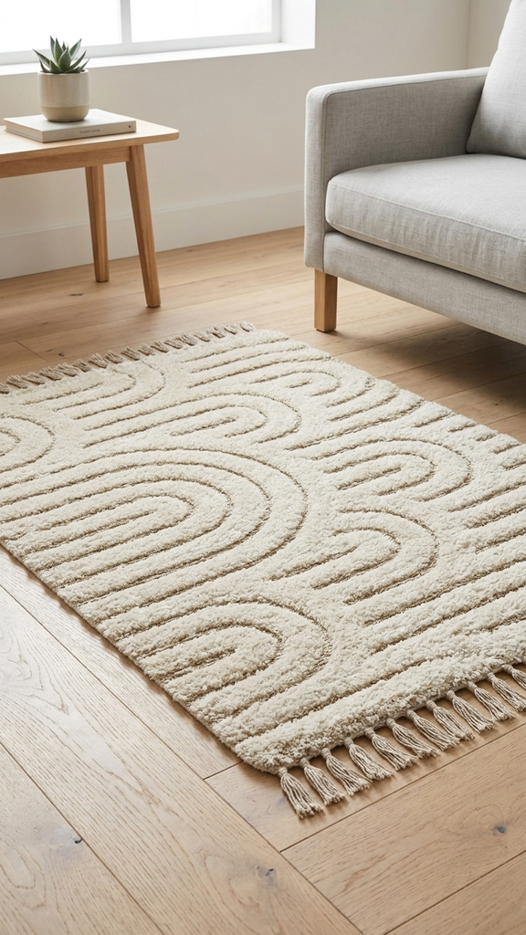 [380652] Alfombra 120 X 180 Cm Natural Pelo Corto, Arcos Concéntircos Y Flecos