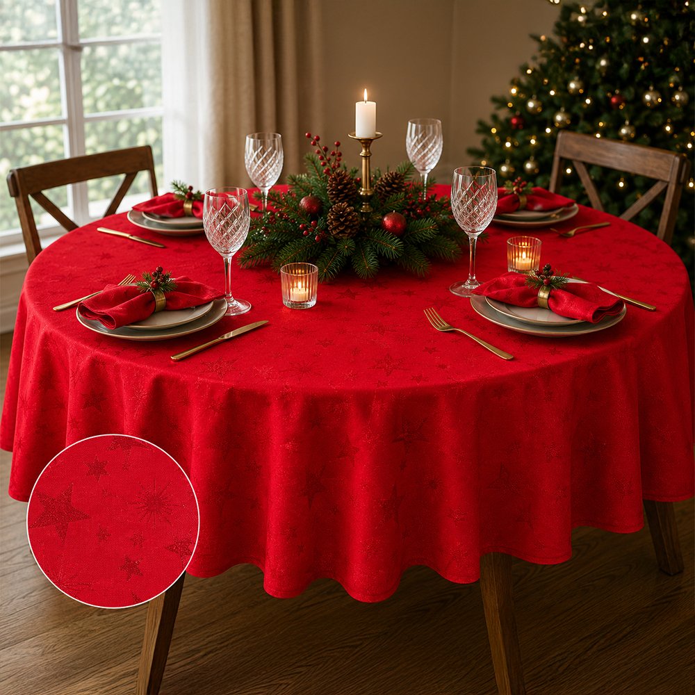 Mantel Redondo Con Estrellas Rojo 150Cm