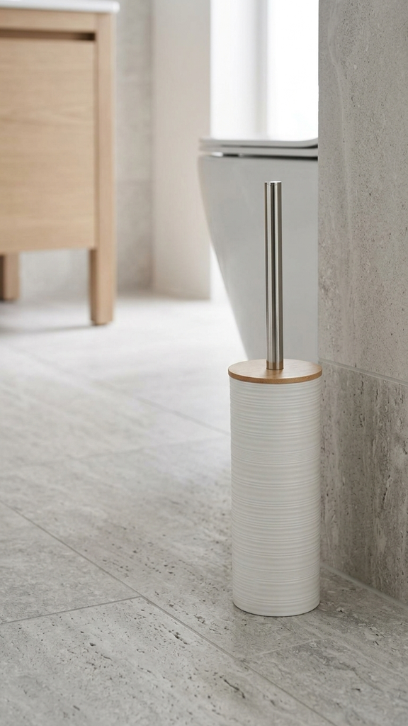 [256691] Cepillo De Baño Rayado De Plástico Blanco Con Tapa De Bambú 24,5X9Cm