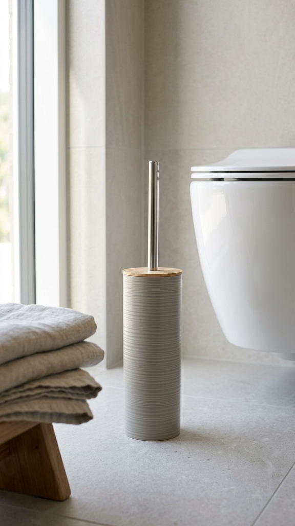 [256692] Cepillo De Baño Rayado De Plástico Beige Con Tapa De Bambú 24,5X9Cm
