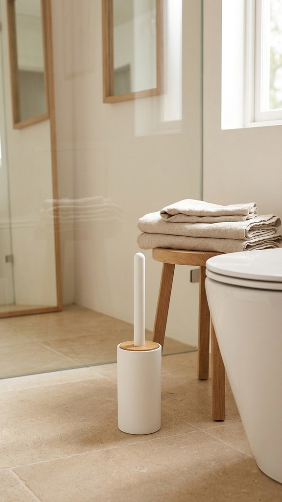 [256362] Cepillo De Baño Redondo De Plástico Blanco Con Tapa De Bamboo 12X12X39Cm