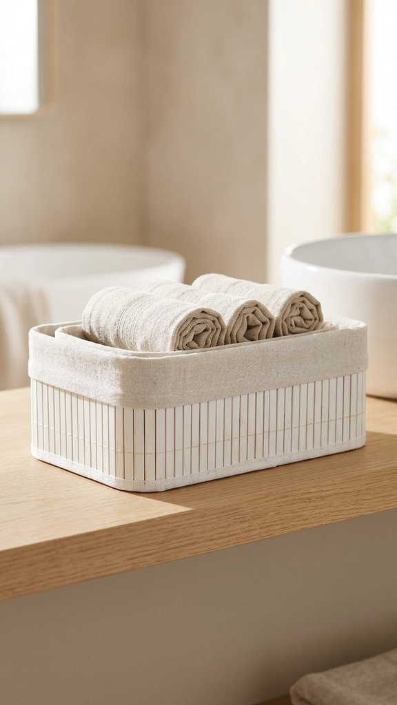 [256360] Set X 3 Canastos Blancos Rectangulares De Bamboo Y Tela 30X20X12Cm / 28X18X10Cm / 25X15X8Cm