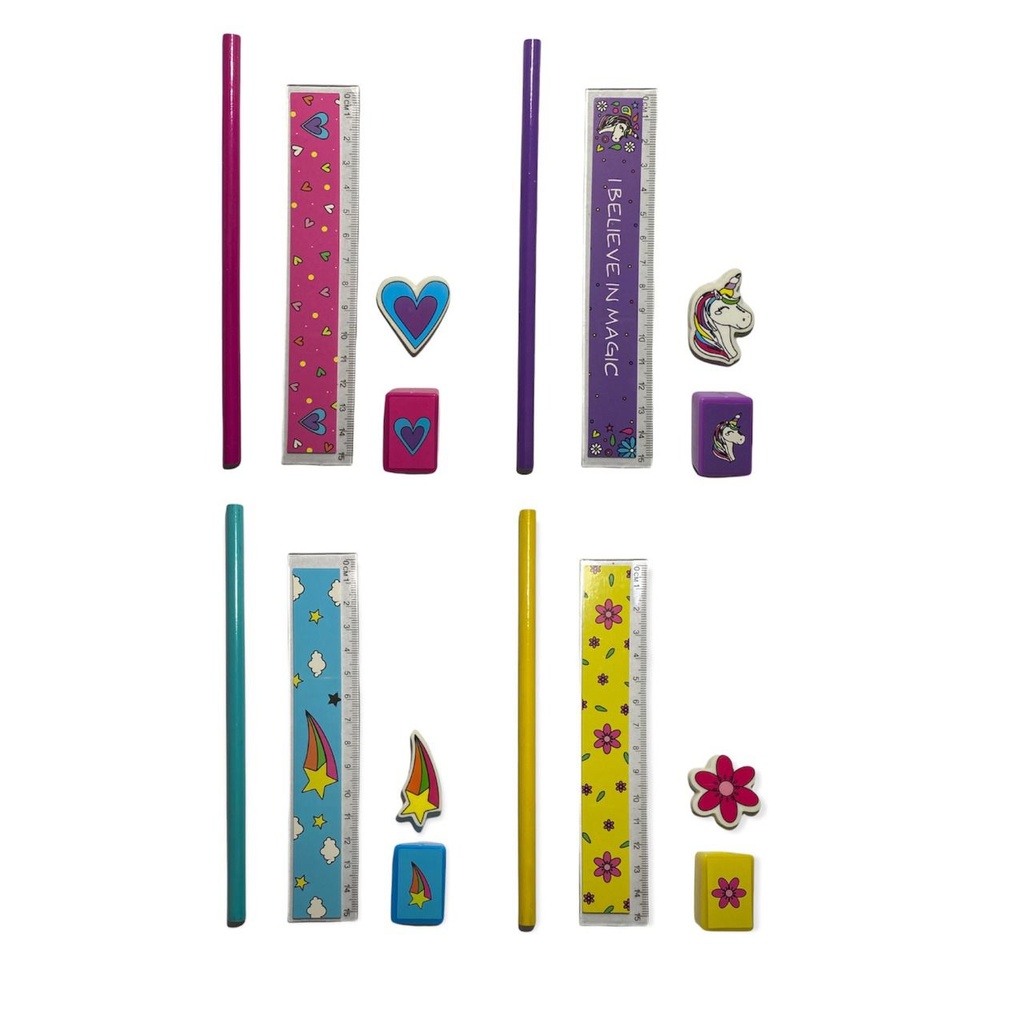 SET  REGLA 15 CM + LAPIZ + GOMA + SACAPUNTAS CARA COLORES