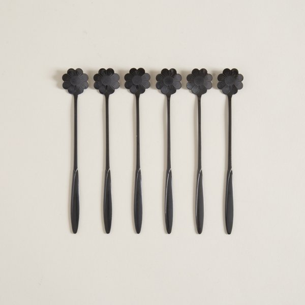 Set X 6 Cucharas De Acero Negro Diseño Flor 18Cm