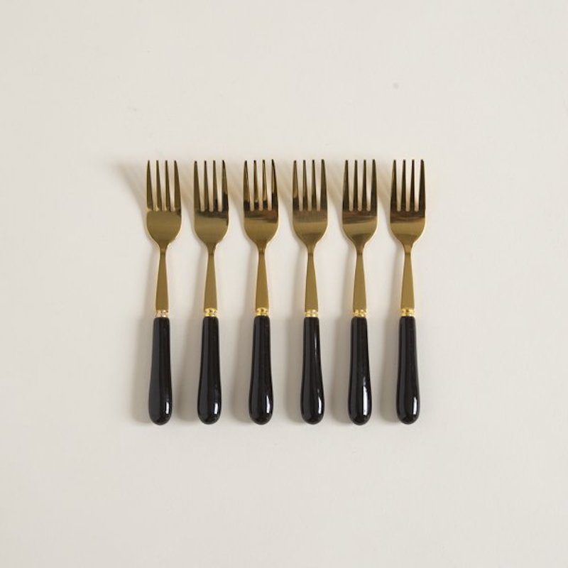 [411397] Set X 6 Tenedores De Acero Dorado Mango De Ceramic