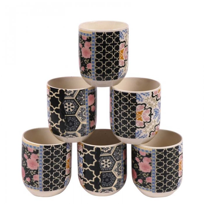 CUENCO SET X 6 PORCELANA ROSAS FONDO NEGRO