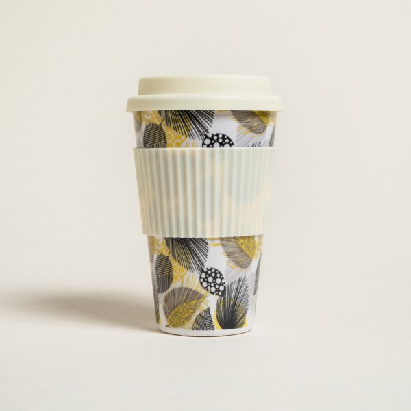 Mug De Fibra De Bamboo Hojas Tapa Silicona Cream 4
