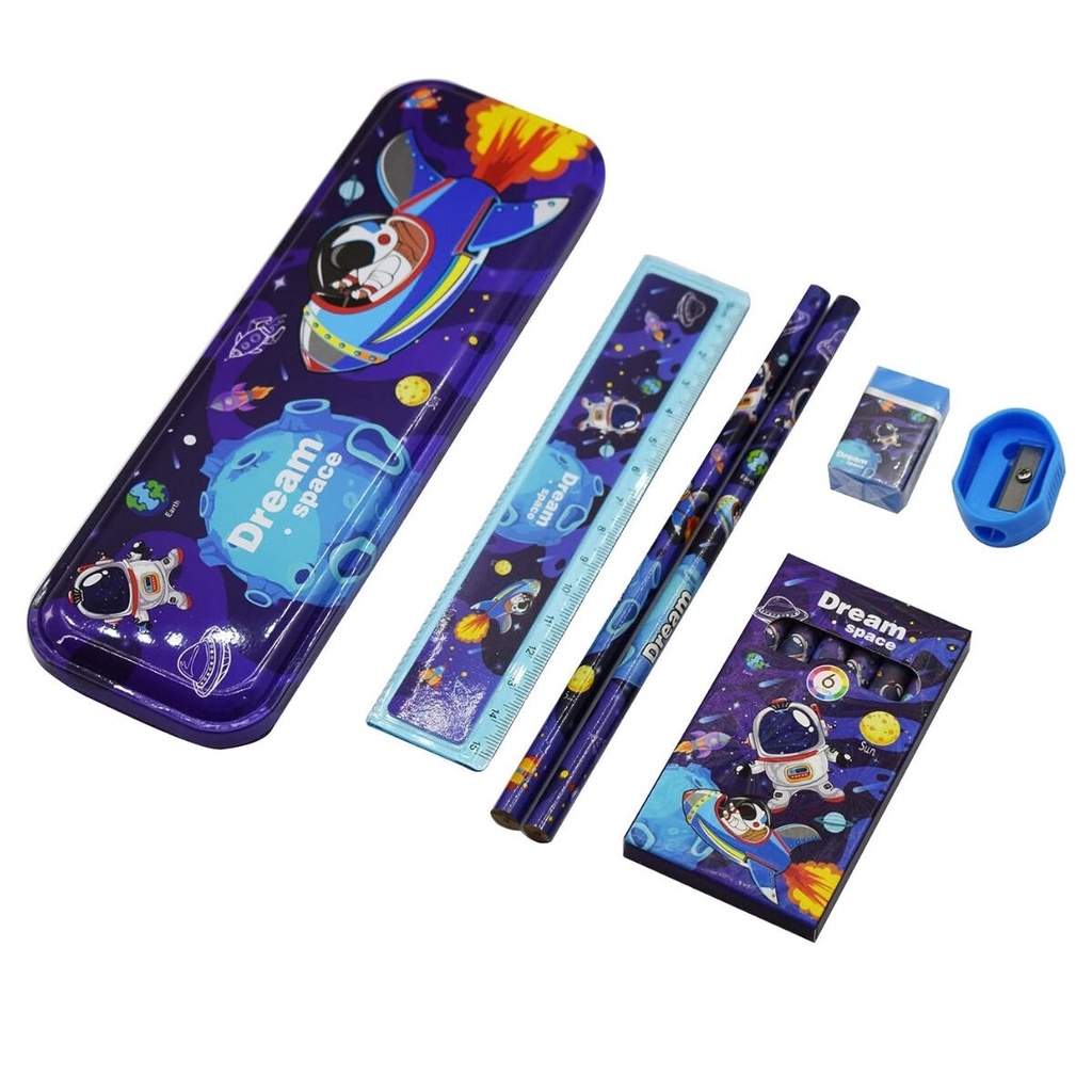 SET ESCOLAR CON CARTUCHERA, SACAPUNTAS, GOMA, CRAYONES ESPACIAL