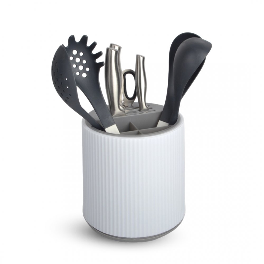 [256242] Porta Utensilios De Cocina Redondo Rayado Blanco Con Borde Gris