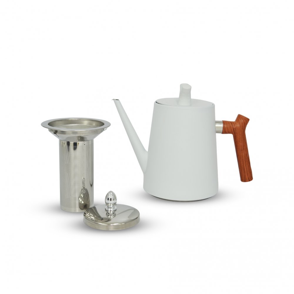 [256970] Jarra Barista Blanca Con Pico Largo Con Asa Simil Madera 1500Ml 10 X 27 Cm De Acero