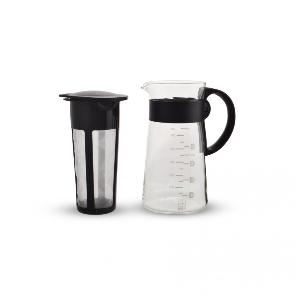 CAFETERA CÓNICA CON MEDIDOR Y FILTRO CON ASA Y TAPA DE PLÁSTICO NEGRO 650ML 9 X 18,5 CM DE VIDRIO