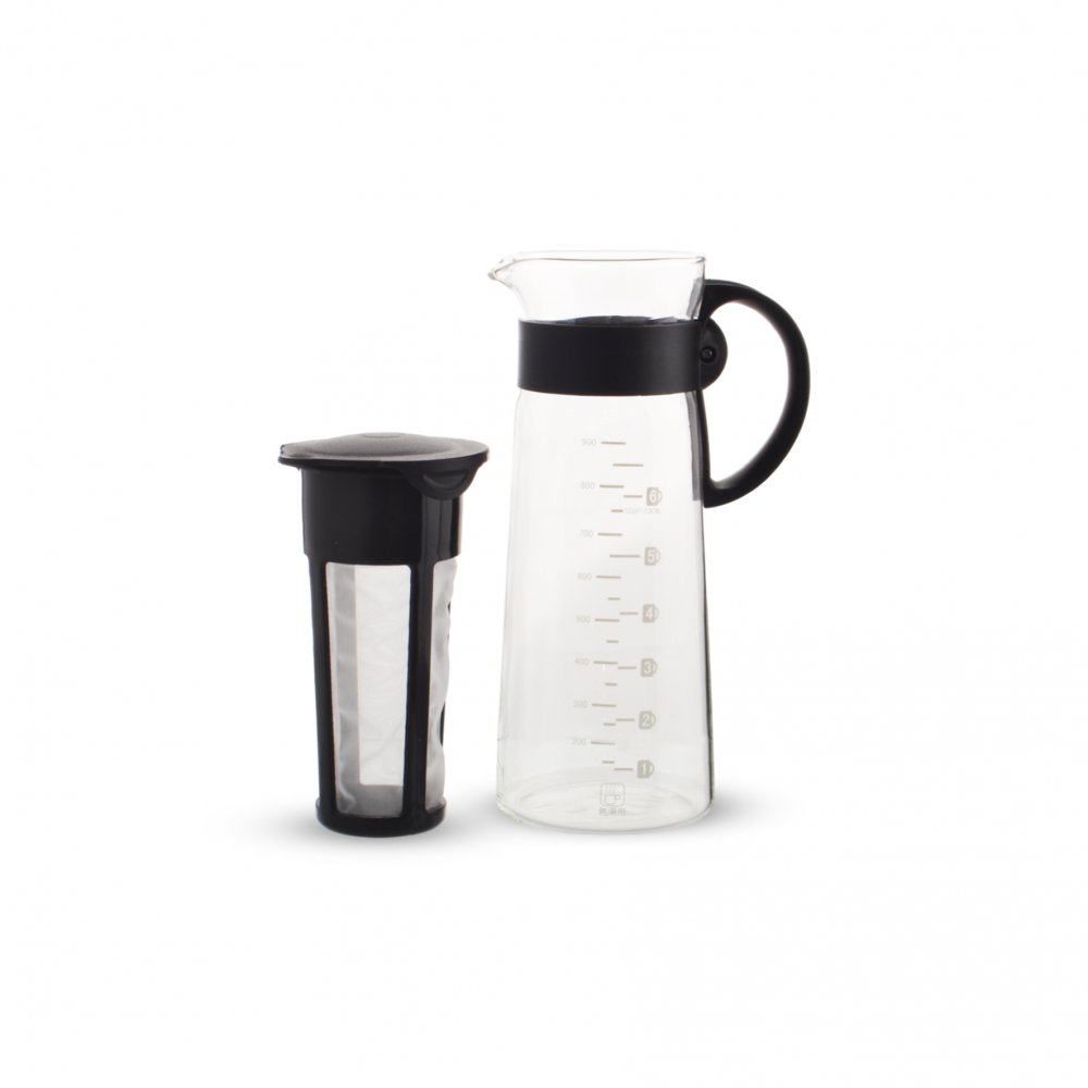 CAFETERA CÓNICA CON MEDIDOR Y FILTRO CON ASA Y TAPA DE PLÁSTICO NEGRO 900ML 9 X 24,5 CM DE VIDRIO