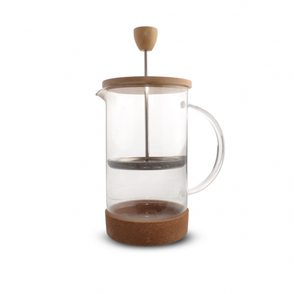 CAFETERA CON TAPA DE BAMBOO, ASA DE VIDRIO Y BASE DE CORCHO 600ML 9 X 20 CM DE VIDRIO