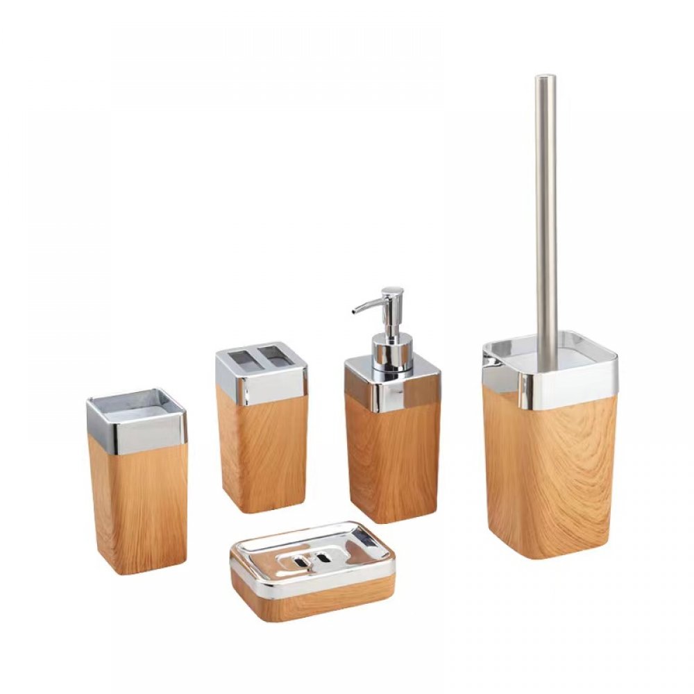 Set De Baño X5 Piezas Símil Madera Con Borde Plateado - Plástico -