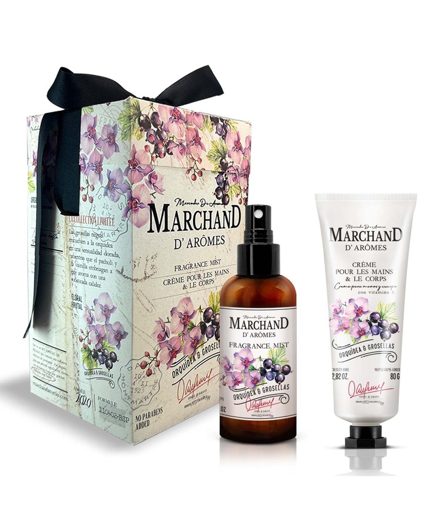 CUBO MARCHAND D AROMES FRAGRANCE MIST Y CREMA DE MANOS Y CORPORAL ORQUÍDEA Y GROSELLAS