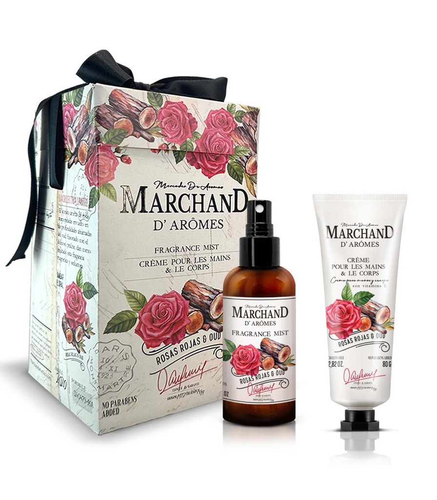 CUBO MARCHAND D AROMES FRAGRANCE MIST Y CREMA DE MANOS Y CORPORAL ROSAS ROJAS Y OUD