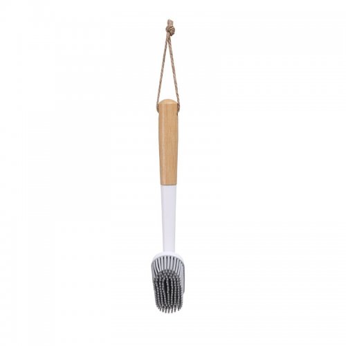 Cepillo De Cocina Oval Blanco Con Gris Con Mango De Bamboo 7X4X23Cm De Silicona