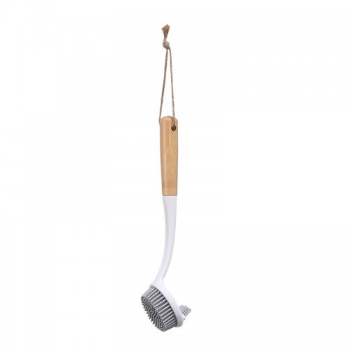 Cepillo De Cocina Redondo Blanco Con Gris Con Mango De Bamboo 5X6,5X26Cm De Silicona