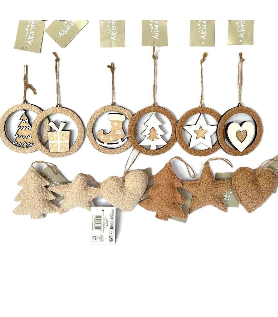 [131182] Adorno Para El Árbol De Tela Y Madera Beige Y Blanco 10 Cm