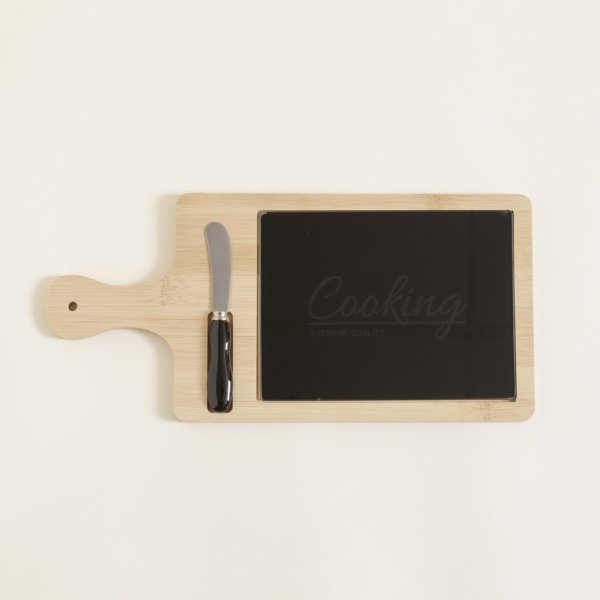 TABLA DE QUESOS BAMBOO Y VIDRIO NEGRO CON CUCHILLO 38X18 CM