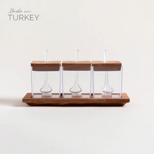 Set X 3 Recipientes Cuadrados Acrilico Tapa De Madera 26X11 Cm