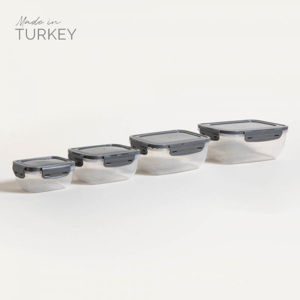 [4111207] Set X 4 Recipientes Transparentes Con Cierre Hermetico Gris 400 / 800 / 1400 / 2300 Ml