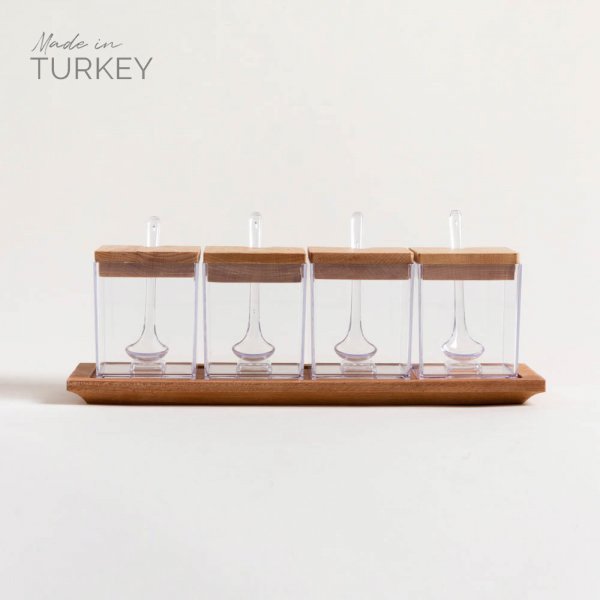 Set X 4 Recipientes Cuadrados Acrilico Tapa De Madera 32,5X11 Cm