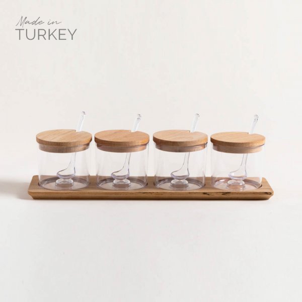 [4111210] Set X 4 Recipientes Redondos Acrilico Tapa De Madera 38X10,5 Cm