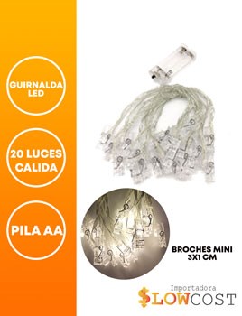 [42068] GUIRNALDA LED BROCHES MINI 3 X 1M 20 LUCES CALIDA 4 M PILLA AA