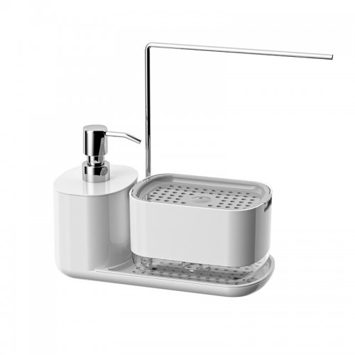 [2561473] ORGANIZADOR DE COCINA BLANCO CON SOPORTE DE ACERO Y DISPENSER PARA DETERGENTE OVAL DE 21.5X11X25CM DE PLÁSTICO