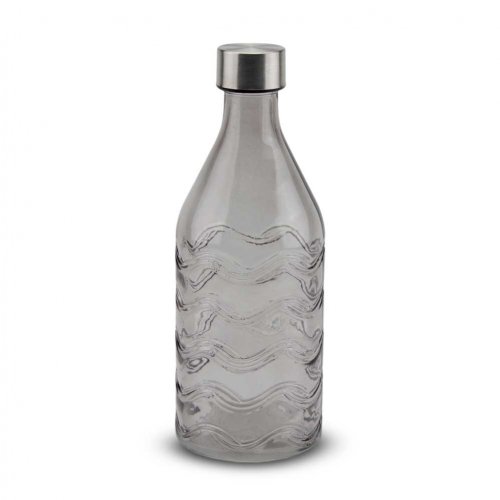 [256010] BOTELLA REDONDA GRIS CON ONDAS CON TAPON DE ACERO 9,5X9,5X25,5CM 1000ML