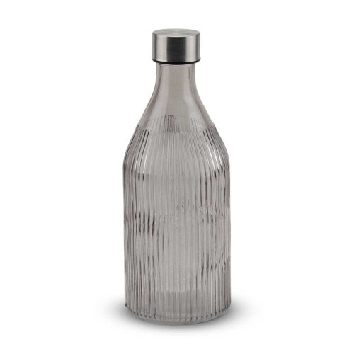 [256016] BOTELLA REDONDA GRIS CON RAYAS VERTICALES CON TAPON DE ACERO 9,5X9,5X25,5CM 1000ML