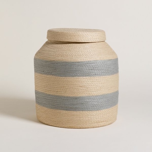 [4113168] CANASTO CILINDRICO CON TAPA JIALING NATURAL Y GREY 40X35 CM