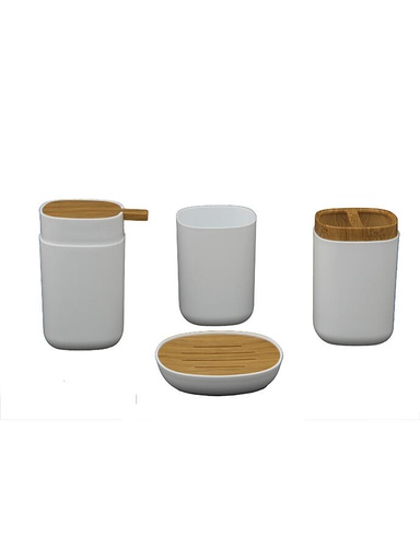 [141261] DISPENSER DE JABON BLANCO (10,3x7,7x13 cm), JABONERA (11x11x2,5 cm), VASO (7,7x7,7x10,5 cm) y PORTA CEPILLO DE DIENTES (7,7x7,7x11,7 cm) BA1050