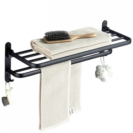 [2561533] SOPORTE AUTOADHESIVO PARA TOALLONES REBATIBLE CON ESTANTE DE 4 VARILLAS Y 2 PERCHAS 57,5X21,5X15,5CM NEGRO DE ALUMINIO