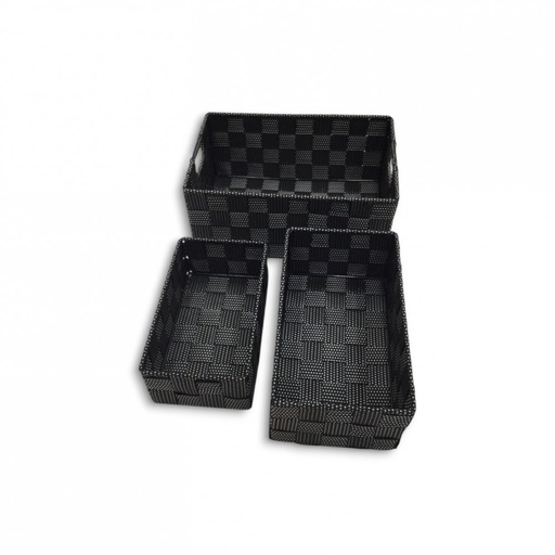 [2561547] SET X3 CANASTOSRECTANGULARES NEGROS CON PUNTOS BLANCOS 26X17X11 / 23X13X9 / 19X11X7CM DE PLÁSTICO