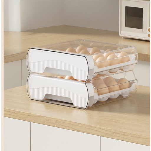 [2561588] HUEVERA DE 2 PISOS PARA 32 HUEVOS 22X21X14CM TRANSPARENTE Y BLANCO FRENTE RAYADO