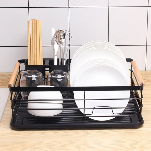 [2561595]  SECAPLATOS DE METAL NEGRO CON ASA DE BAMBOO, CON SOPORTE PORTA CUBIERTOS Y BANDEJA DE PLÁSTICO NEGRO 39X29,5CM