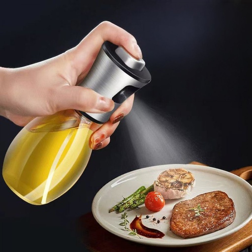 [2561596] ACEITERA DE VIDRIO BOMBÉ CON ROCIADOR Y TAPA DE ACERO 6,5X17CM