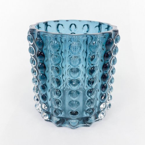 [256778] CANDELABRO DE VIDRIO CON RELIEVE DE BURBUJAS CHICAS AZUL 8,2X9,5 CM