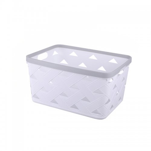 [2561709] CANASTO RECTANGULAR SIMIL CUERO TRENZADO BLANCO CON BORDE GRIS CON ASA 34X25X18CM DE PLÁSTICO