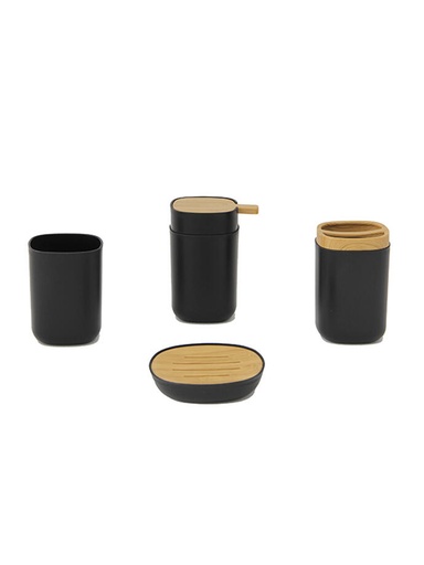 [141963] DISPENSER DE JABON NEGRO (10,3x7,7x13 cm), JABONERA (11x11x2,5 cm), VASO (7,7x7,7x10,5 cm) Y PORTA CEPILLO DE DIENTE (7,7x7,7x11,7 cm). BA1051