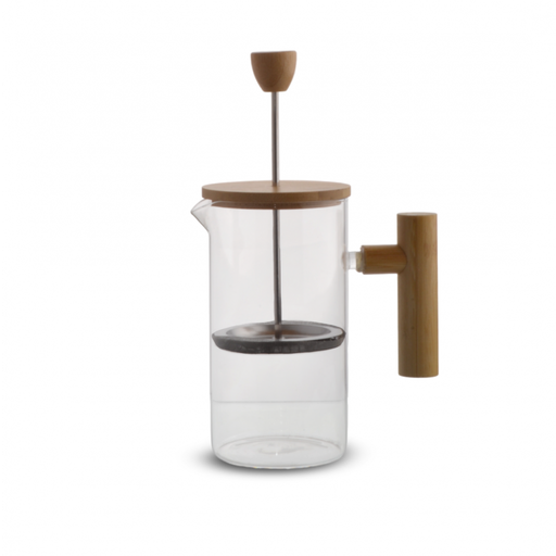 [256981] CAFETERA CON TAPA Y MANGO DE BAMBOO 600ML 9 X 19 CM DE VIDRIO